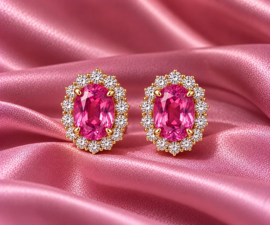 Pink sapphire halo earrings