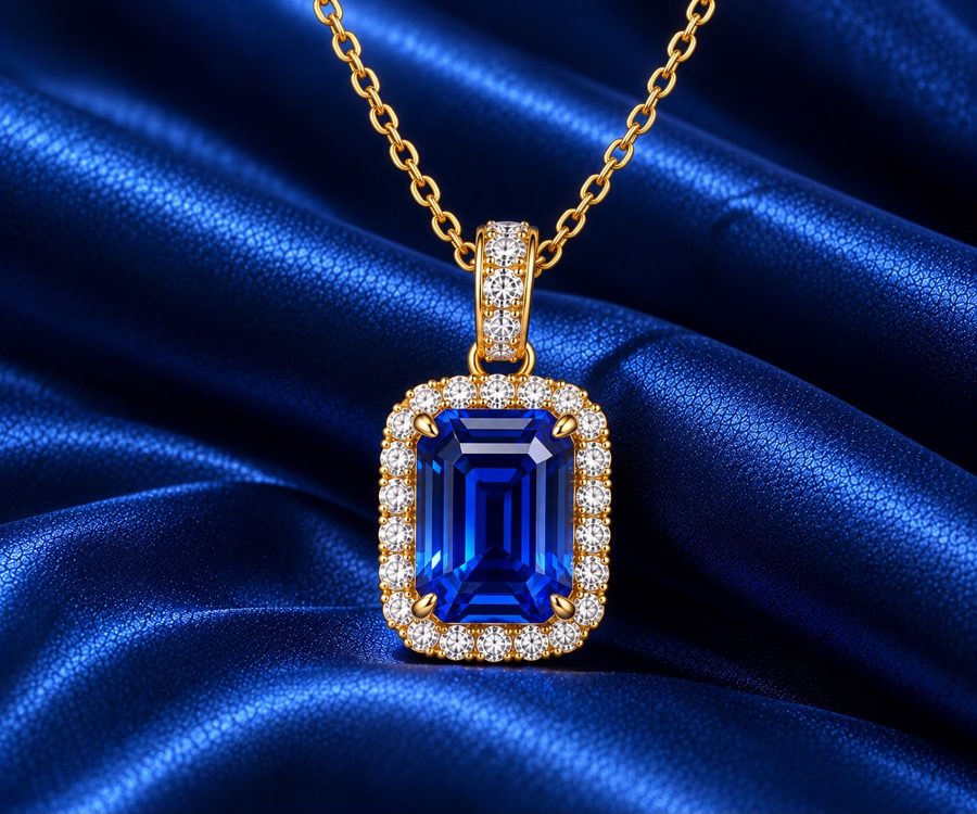 Emerald-cut blue sapphire halo pendant