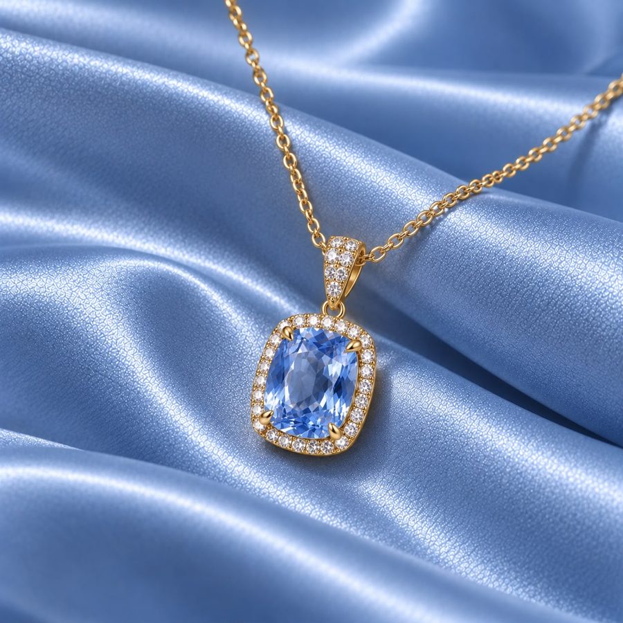 Light blue sapphire halo pendant