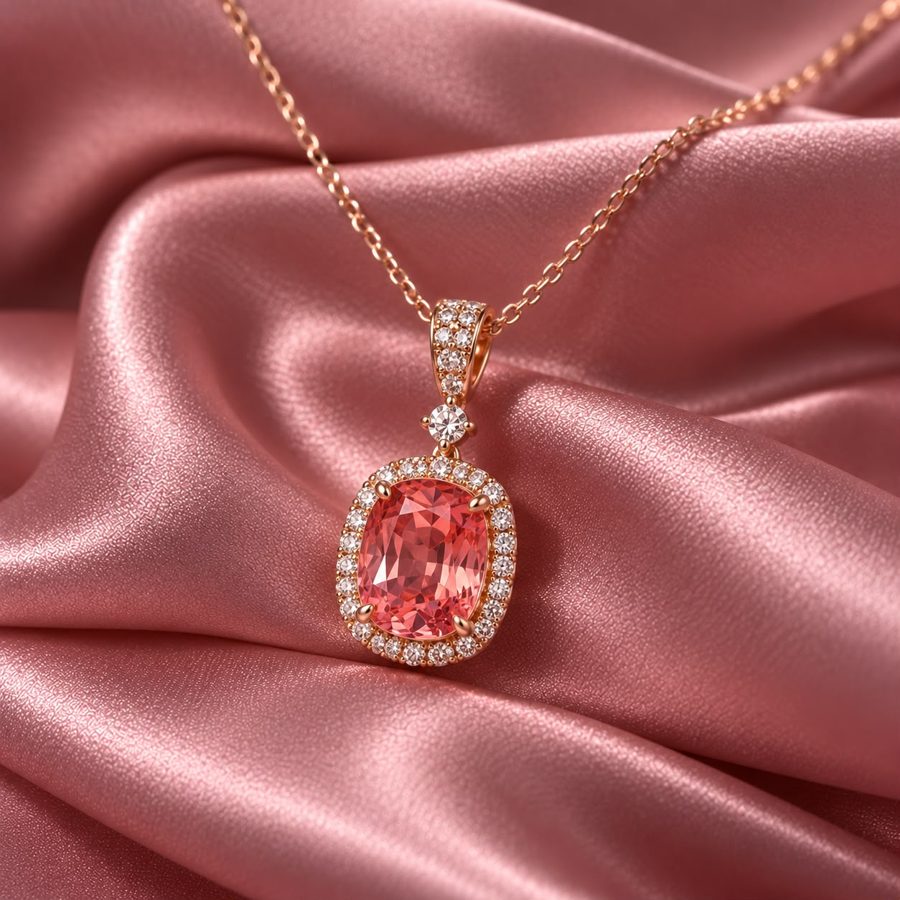 Pink-orange sapphire halo pendant