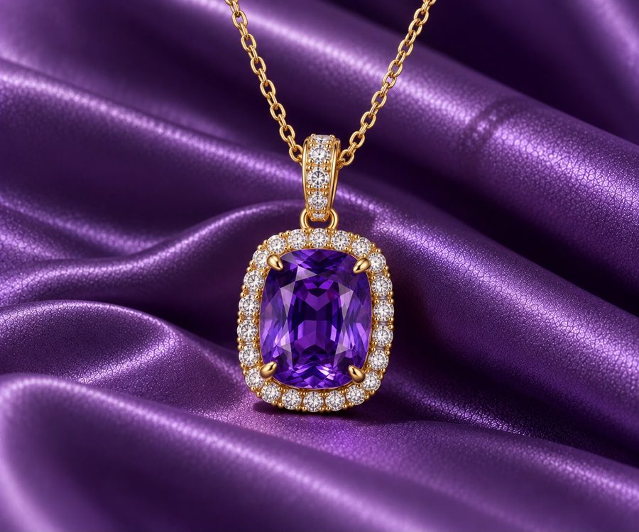 Purple sapphire halo pendant