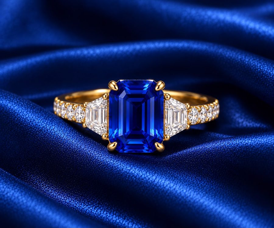 Emerald-cut royal blue ring with diamond side stones