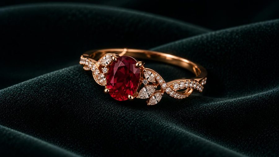 Ruby ring with leaf-shaped diamonds