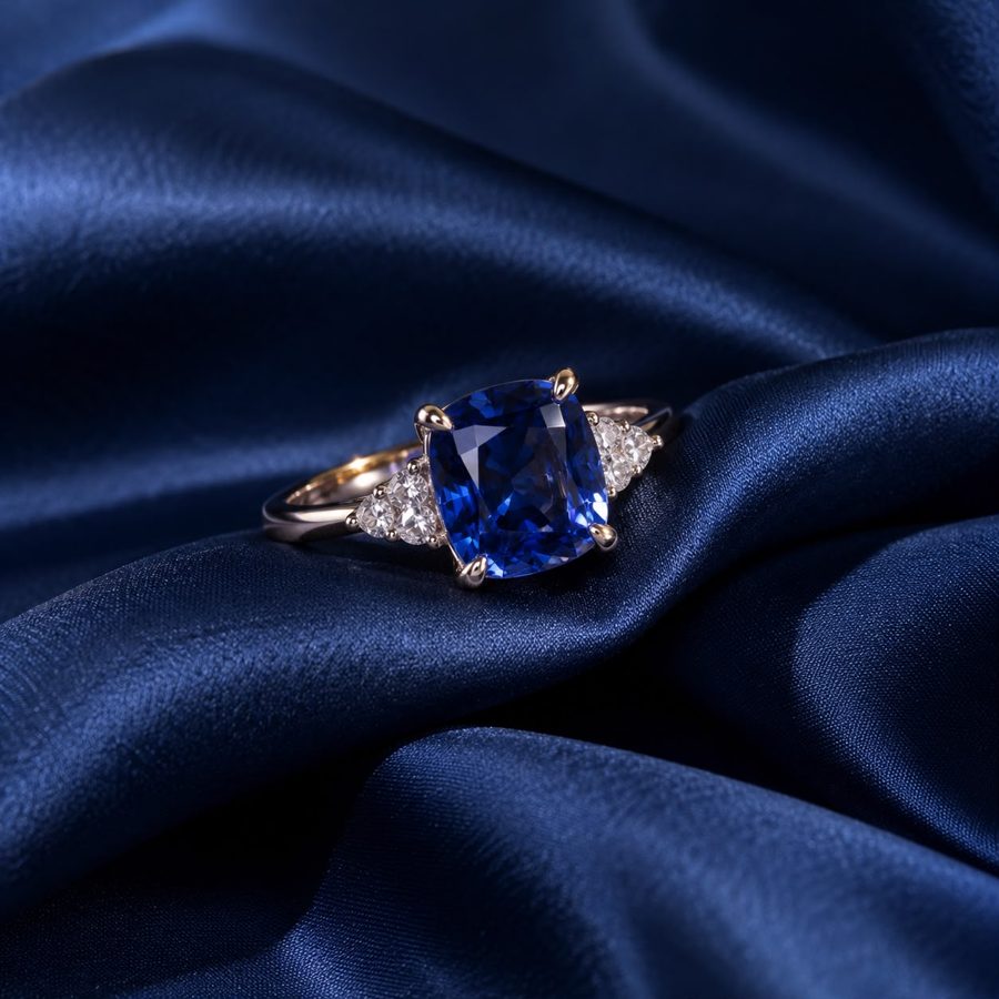 Blue sapphire ring with diamond side stones